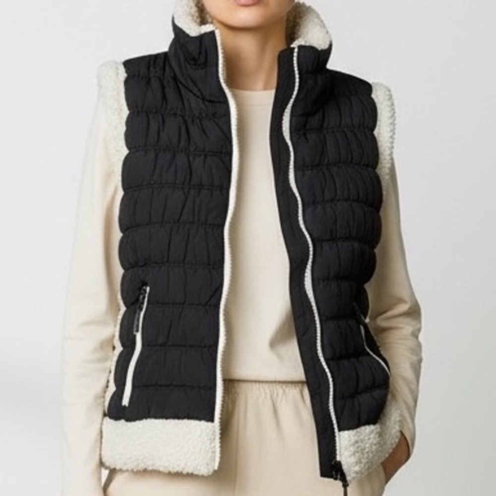 Calvin Klein Performance Womens L Black‎ Quilted Puffer Vest Sherpa Trim Repel